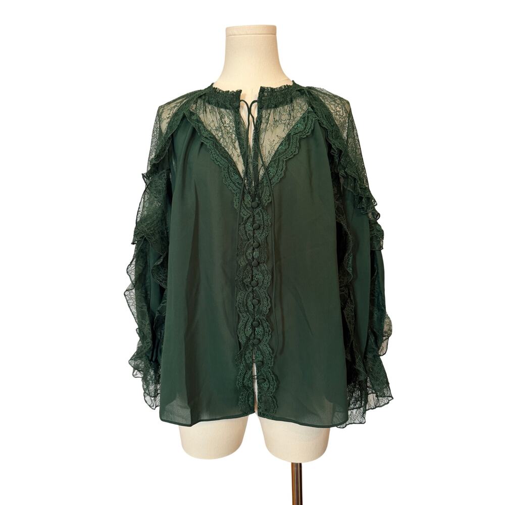 Alice + Olivia Aleena Lace Ruffled Blouse Green Mystique XS - Picture 3 of 10